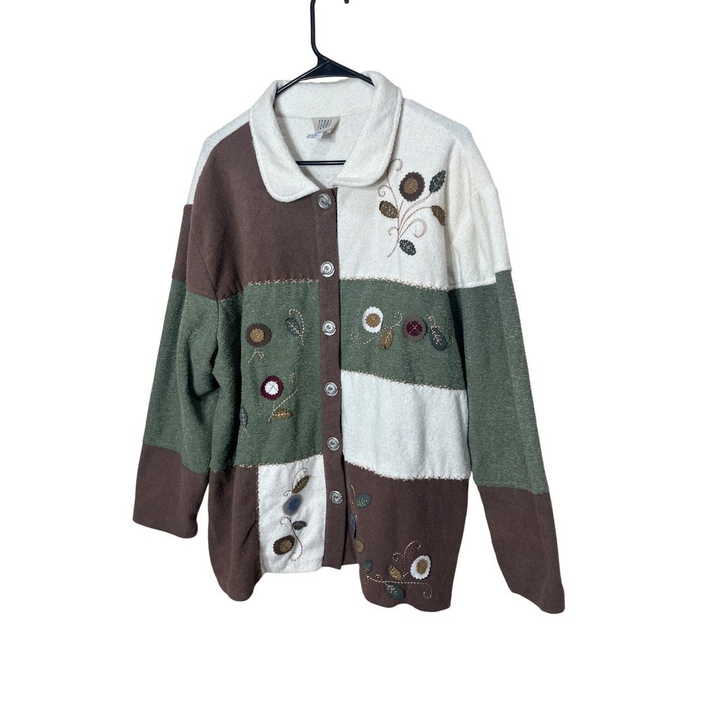 TEDDI 1X Patchwork Embroidered Cardigan Sweater Women's Earth Tones Button Up
